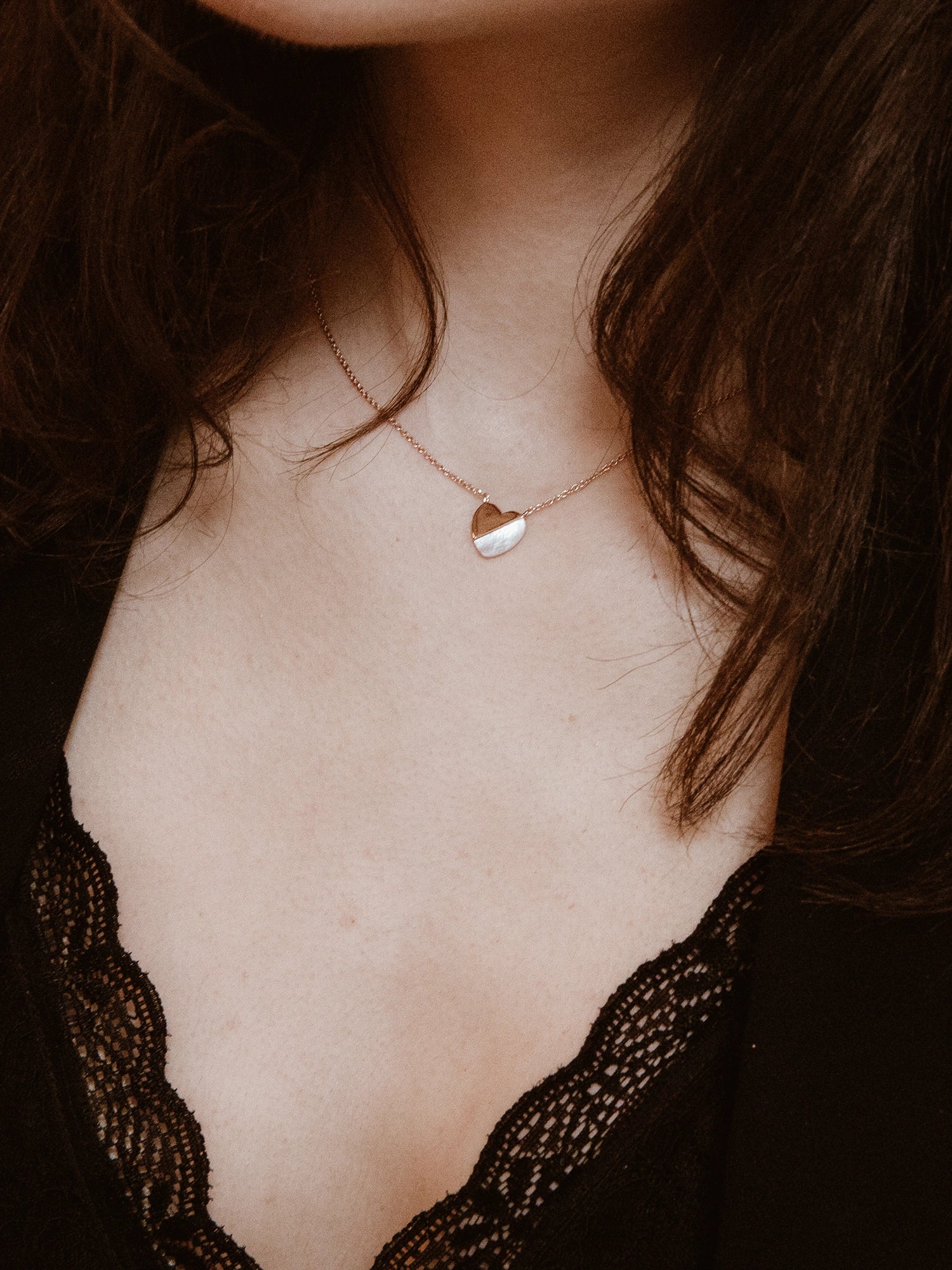 Blushed Heart Necklace - white mother-of-pearl necklace in rose gold vermeil, 16.5-18in by Nishi Pearls, worn on a model