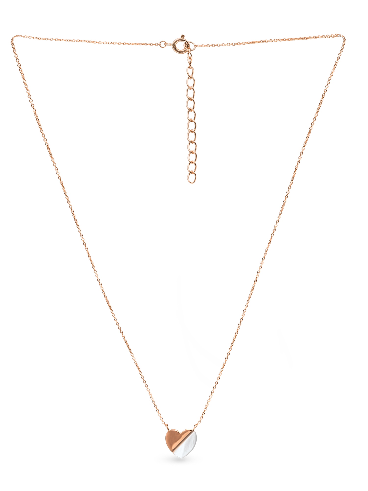 Blushed Heart Necklace - white mother-of-pearl in rose gold vermeil, 16.5-18in by Nishi Pearls, studio view, alternate angle