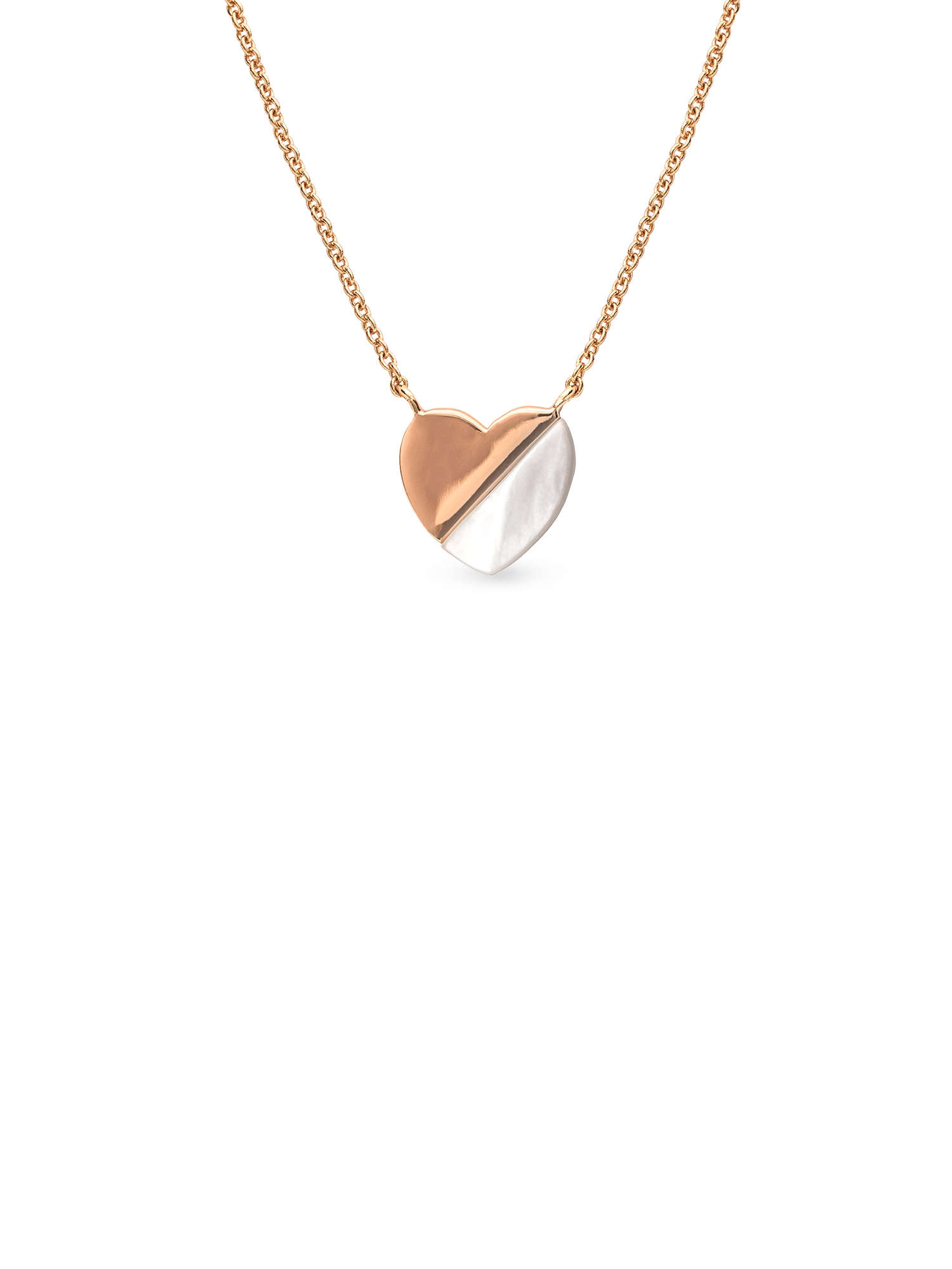Blushed Heart Necklace - white mother-of-pearl necklace in rose gold vermeil, 16.5-18in by Nishi Pearls, studio view