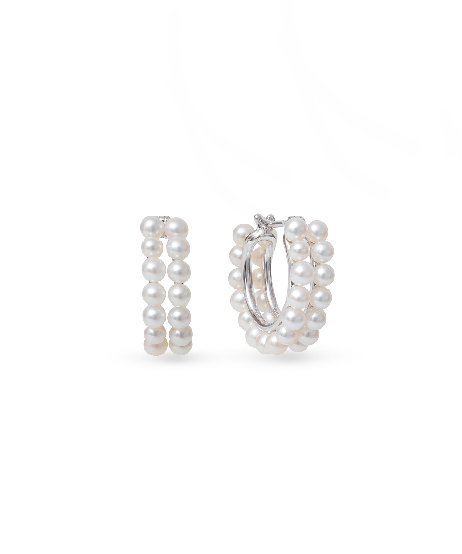 Celia Hoops - 3-4mm white round freshwater pearl earrings in sterling silver by Nishi Pearls, studio view