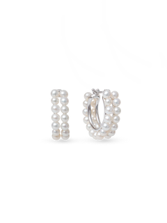 Celia Hoops - 3-4mm white round freshwater pearl earrings in sterling silver by Nishi Pearls, studio view