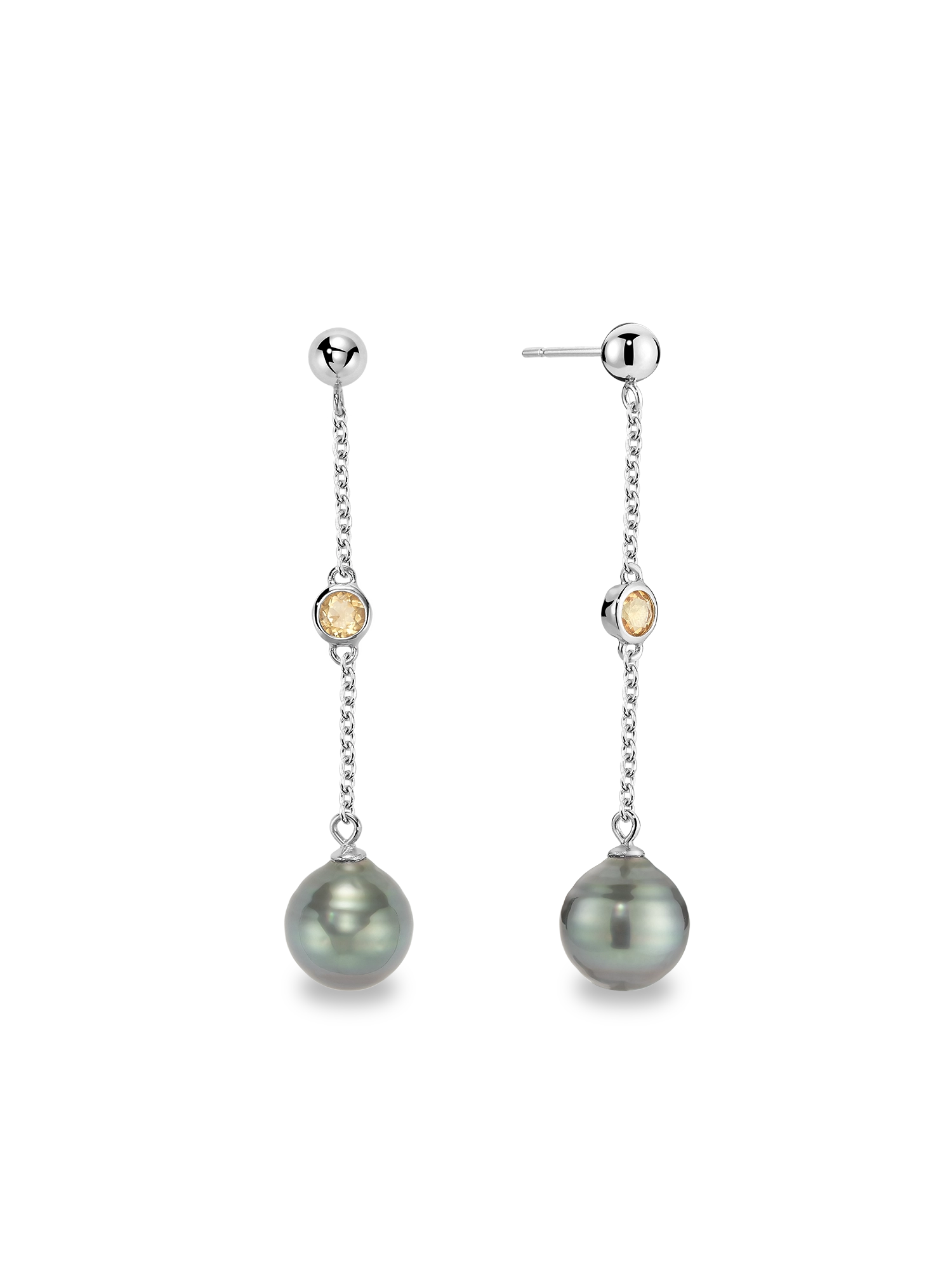 Citrine Earring - mixed-size black Tahitian pearl earrings in sterling silver by Nishi Pearls, studio view