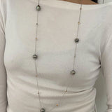 Citrine Necklace - black Tahitian pearl necklace in sterling silver, 38in by Nishi Pearls, worn on a model