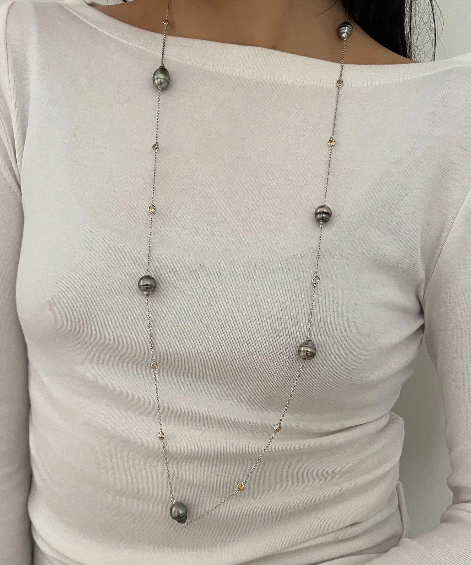 Citrine Necklace - black Tahitian pearl necklace in sterling silver, 38in by Nishi Pearls, worn on a model