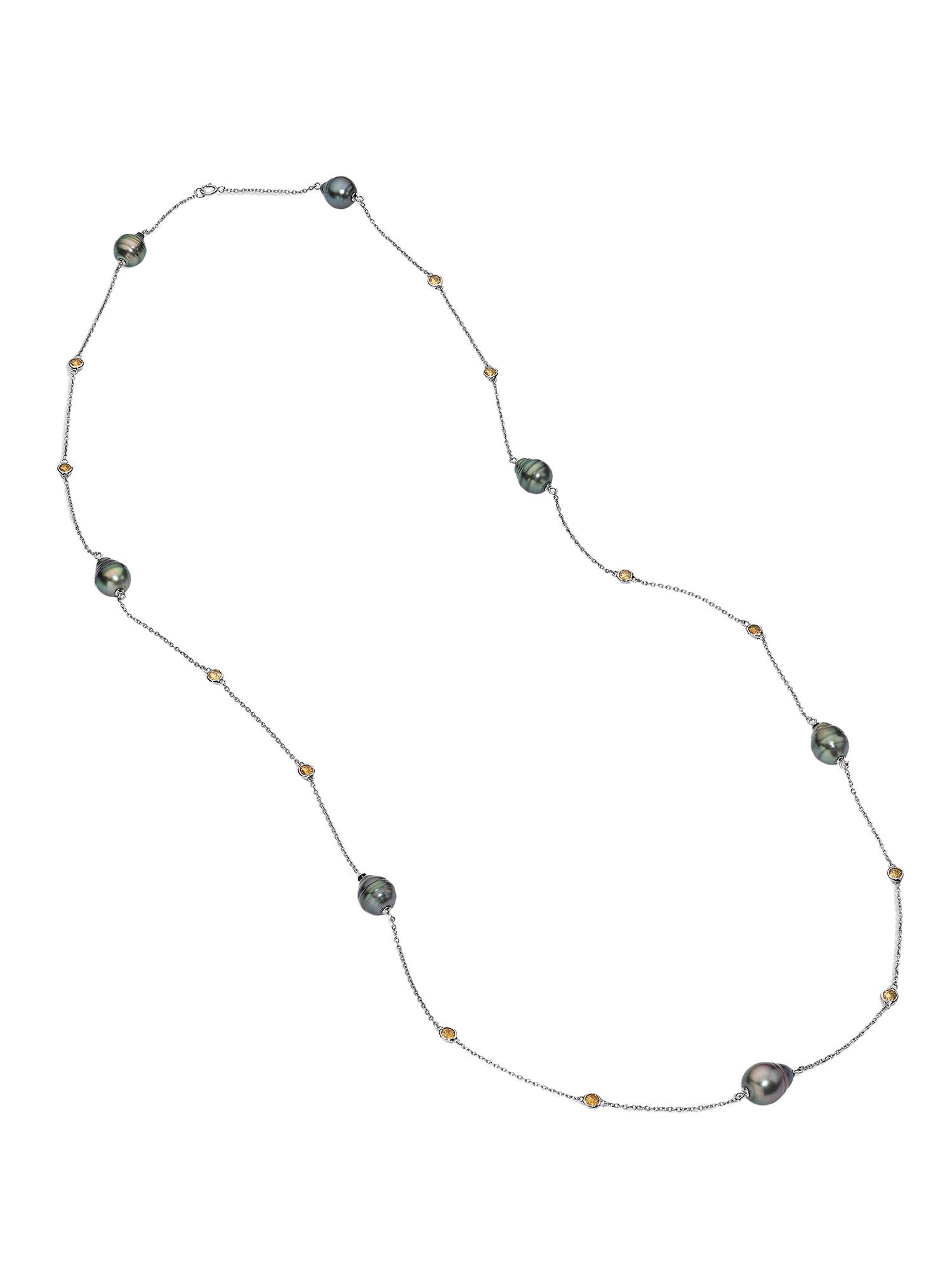 Citrine Necklace - black Tahitian pearl necklace in sterling silver, 38in by Nishi Pearls, studio alternate angle