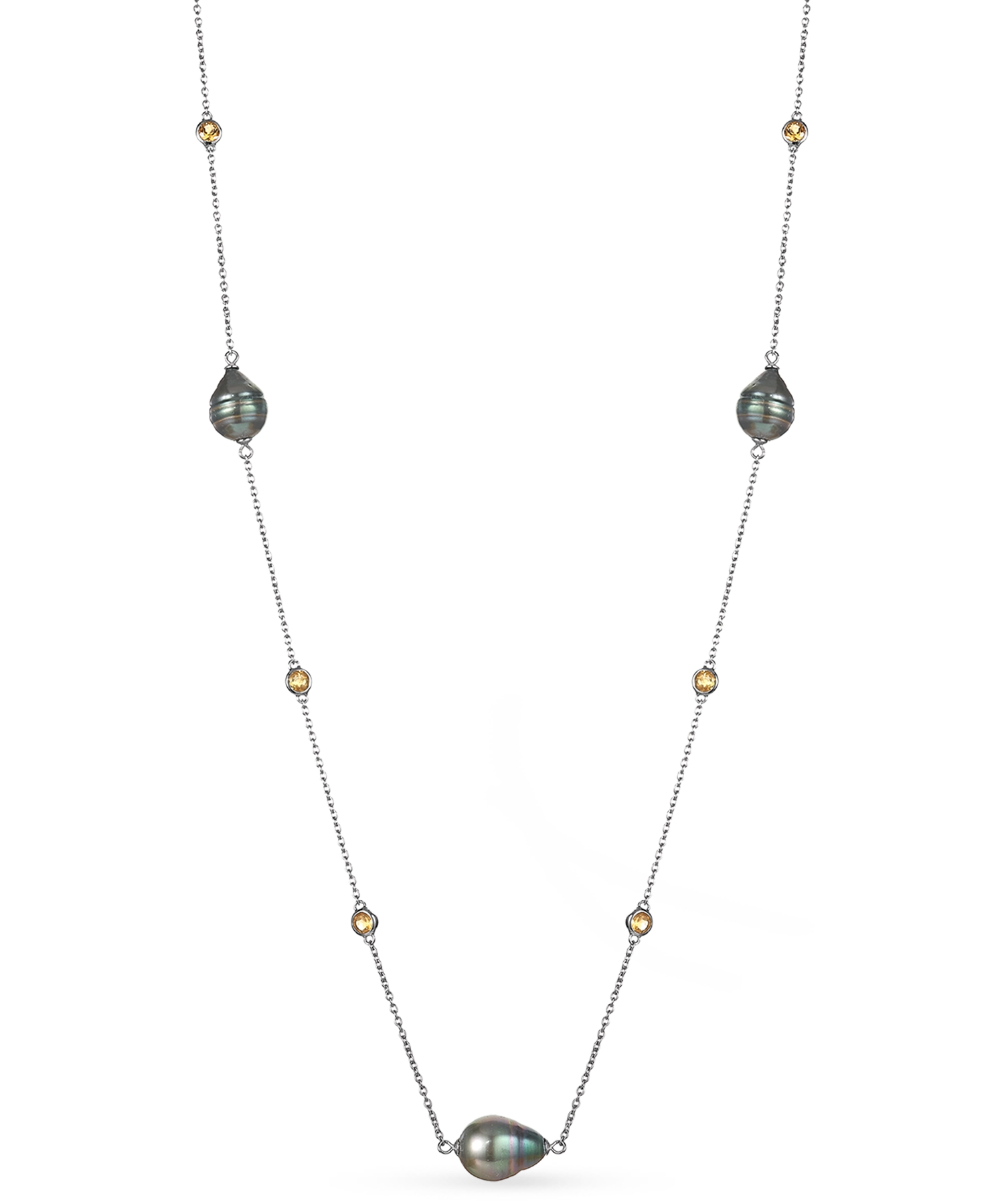 Citrine Necklace - black Tahitian pearl necklace in sterling silver, 38in by Nishi Pearls, studio view