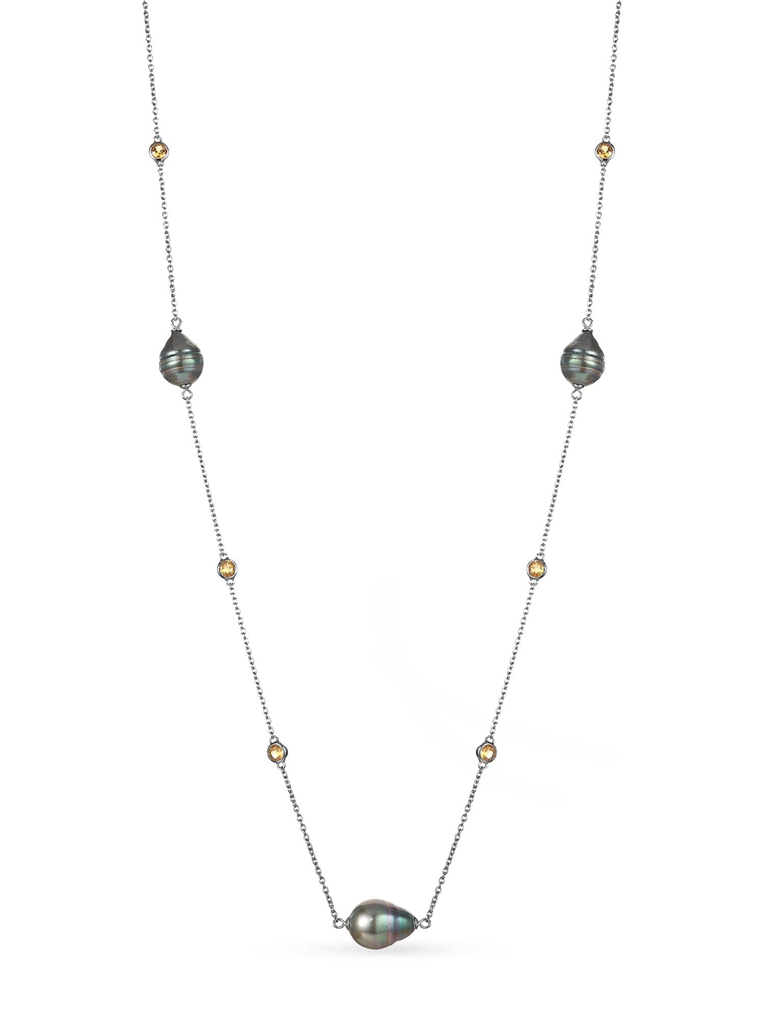 Citrine Necklace - black Tahitian pearl necklace in sterling silver, 38in by Nishi Pearls, studio view