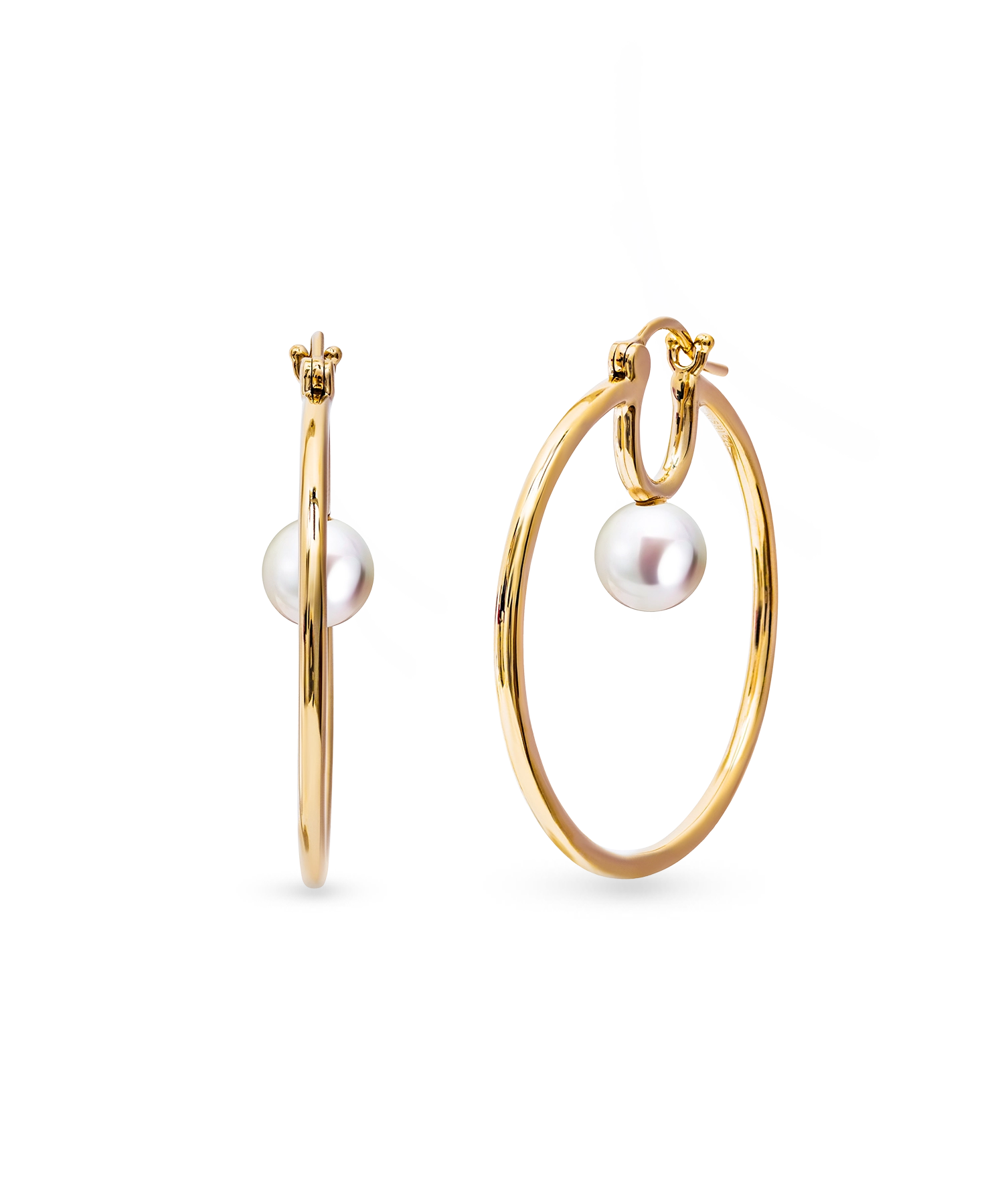 Cosmos Earring - 7-8mm white round freshwater pearl earrings in yellow gold vermeil by Nishi Pearls, studio view