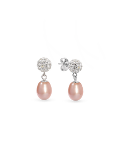 Crystal Bead Earrings - 7-8mm pink freshwater pearl earrings in sterling silver by Nishi Pearls, studio view