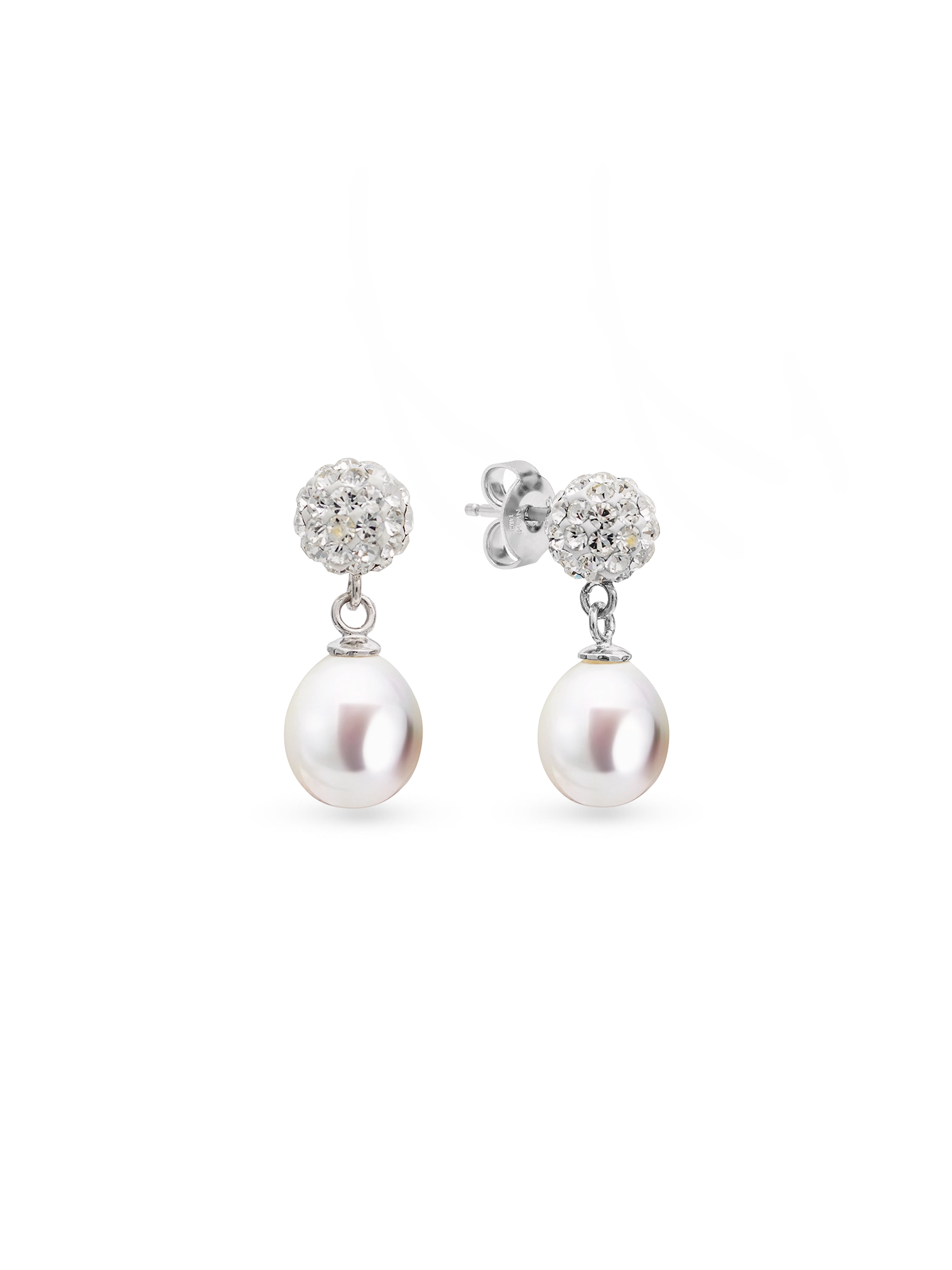 Crystal Bead Earrings - 7-8mm white freshwater pearl earrings in sterling silver by Nishi Pearls, studio view