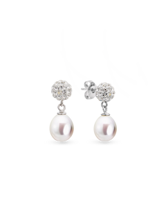 Crystal Bead Earrings - 7-8mm white freshwater pearl earrings in sterling silver by Nishi Pearls, studio view