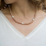 Crystal Bead Necklace - 6-7mm pink freshwater pearl necklace in sterling silver by Nishi Pearls, worn on a model
