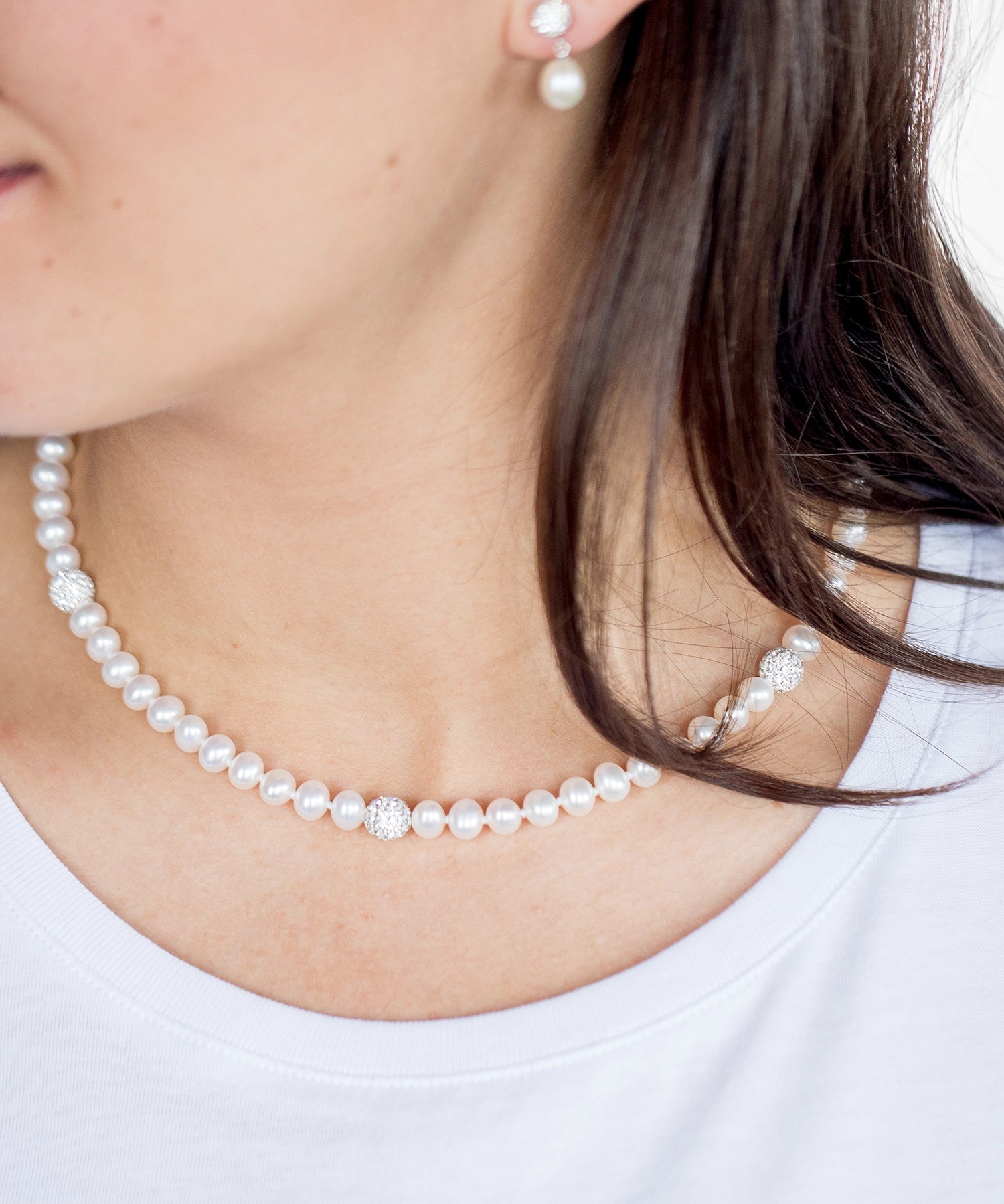 Crystal Bead Necklace - 6-7mm white freshwater pearl necklace in sterling silver by Nishi Pearls, worn on a model