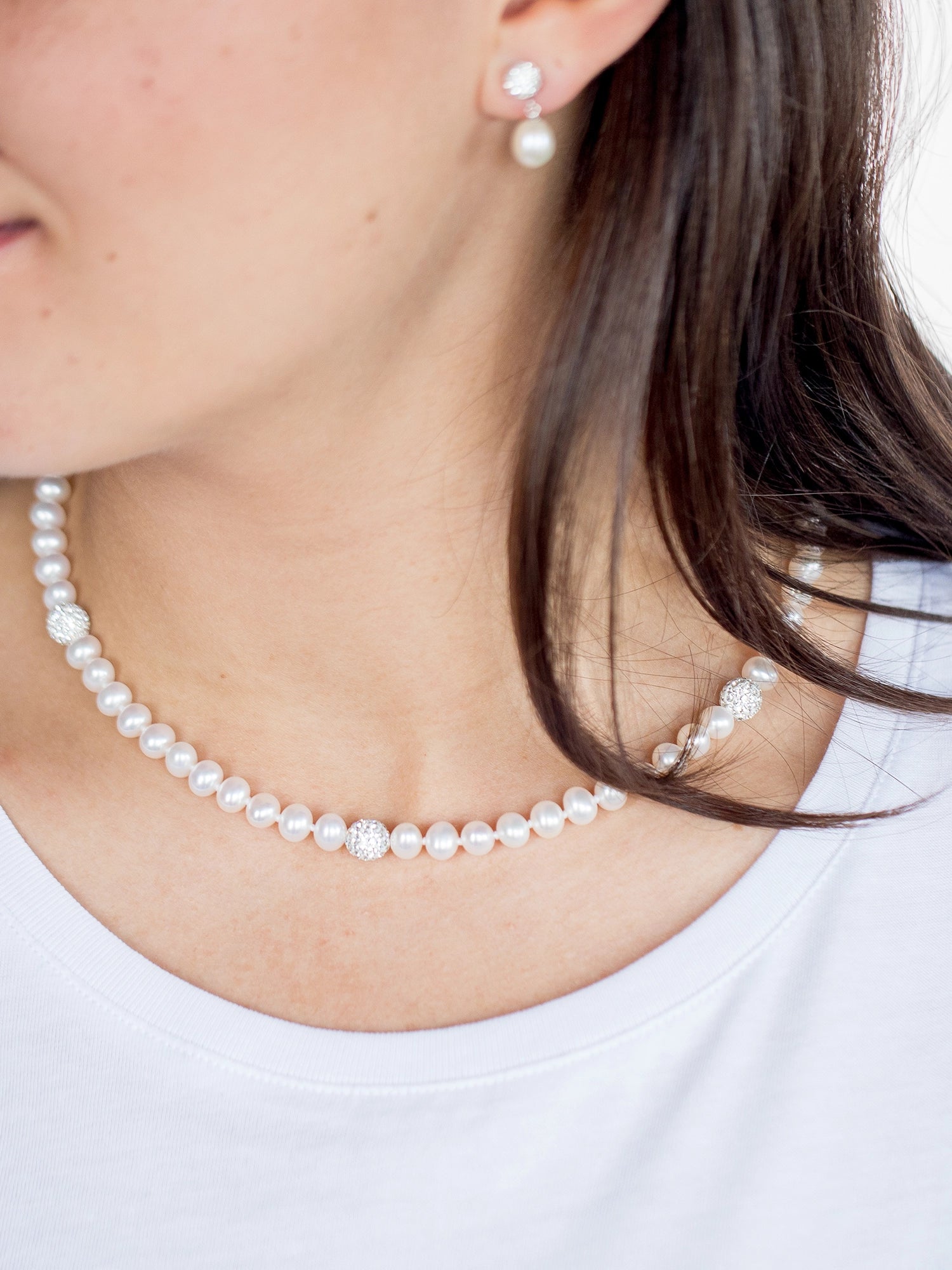 Crystal Bead Necklace - 6-7mm white freshwater pearl necklace in sterling silver by Nishi Pearls, worn on a model