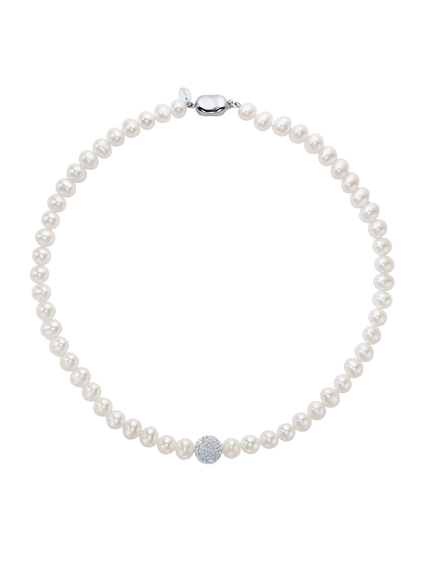Crystal Bead Necklace - white freshwater pearl necklace in sterling silver by Nishi Pearls, studio view, alternate angle