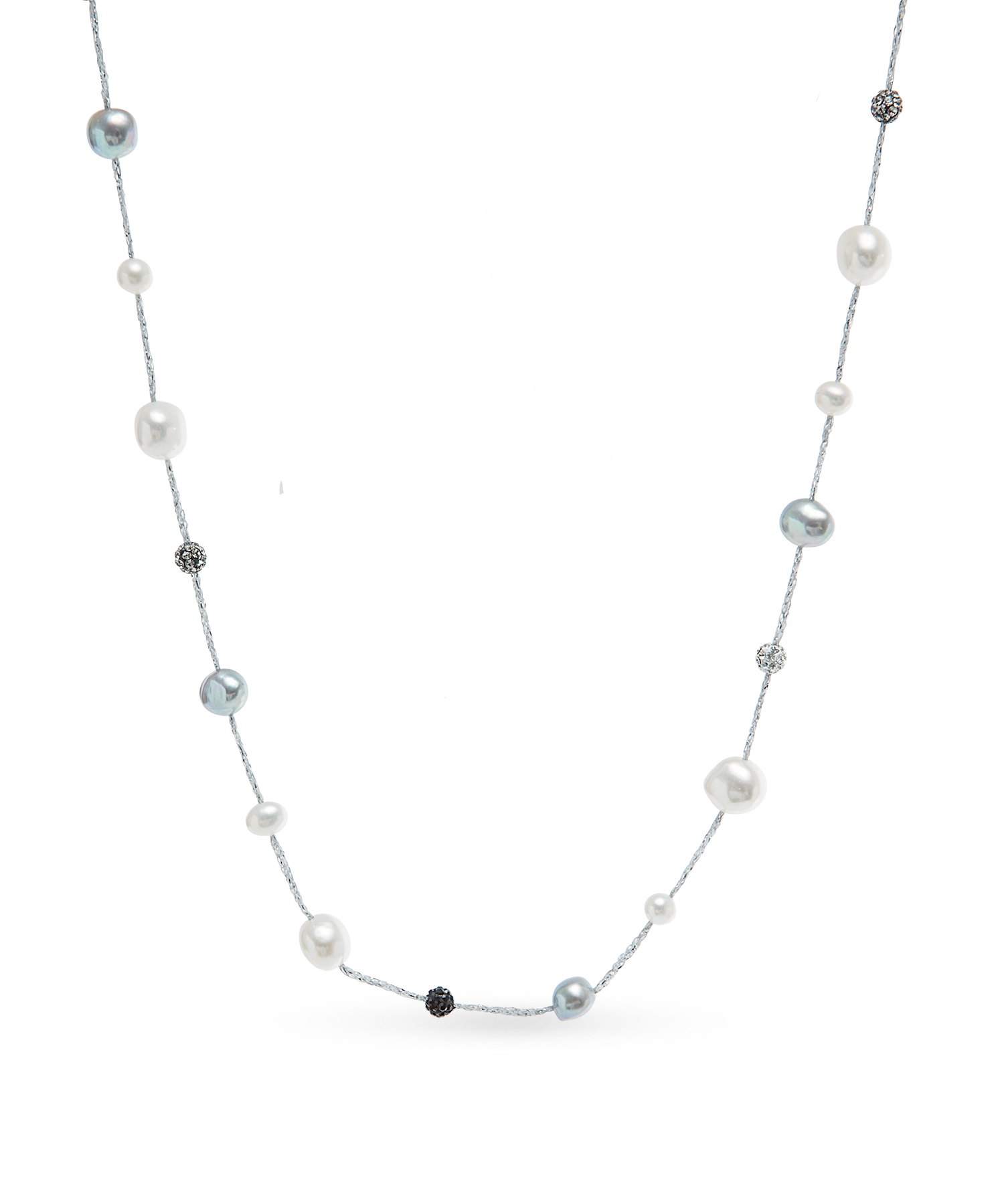 Crystal Path Necklace - mixed-size white freshwater pearl necklace in sterling silver, 17in by Nishi Pearls, studio view