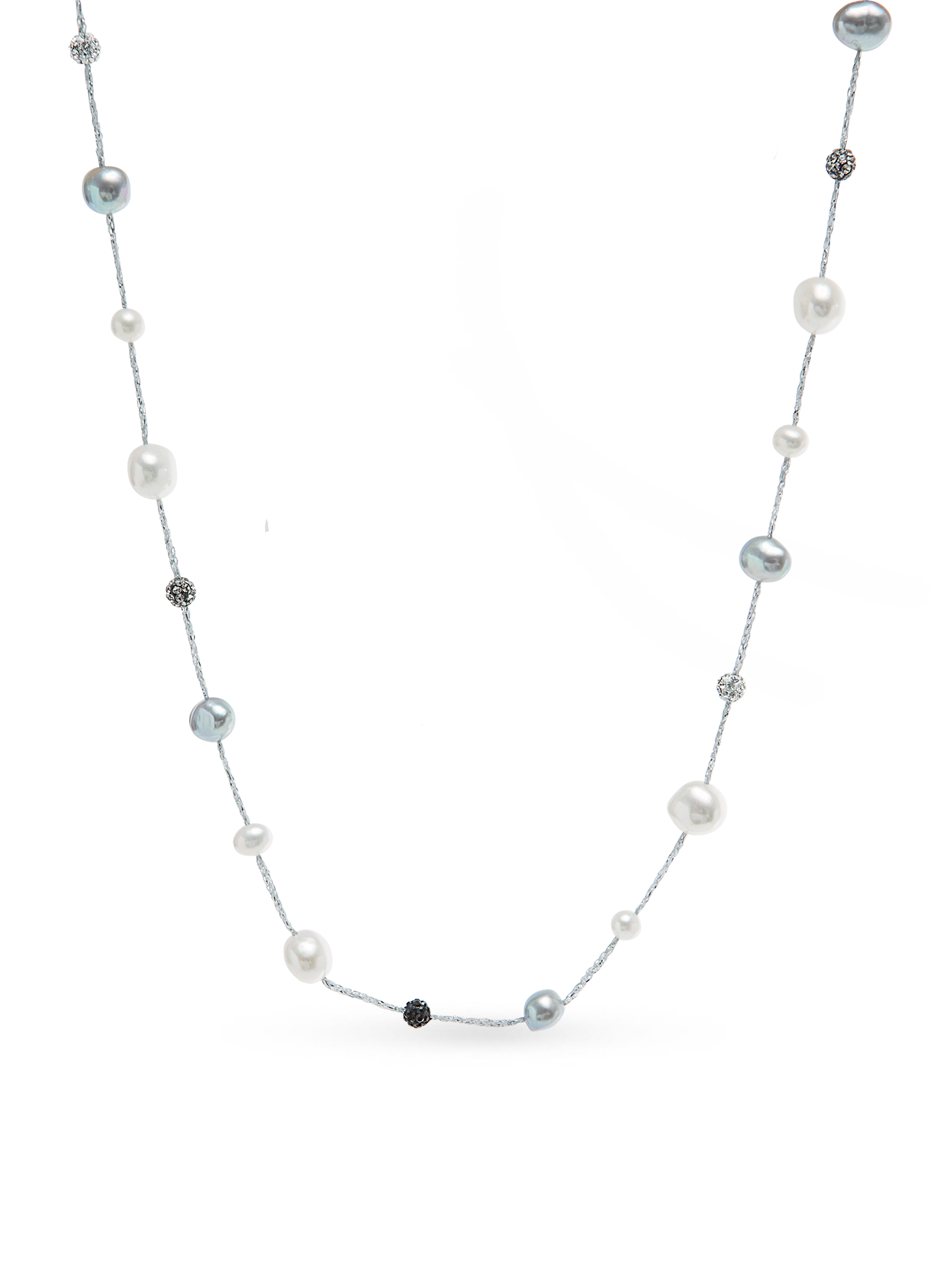 Crystal Path Necklace - mixed-size white freshwater pearl necklace in sterling silver, 17in by Nishi Pearls, studio view