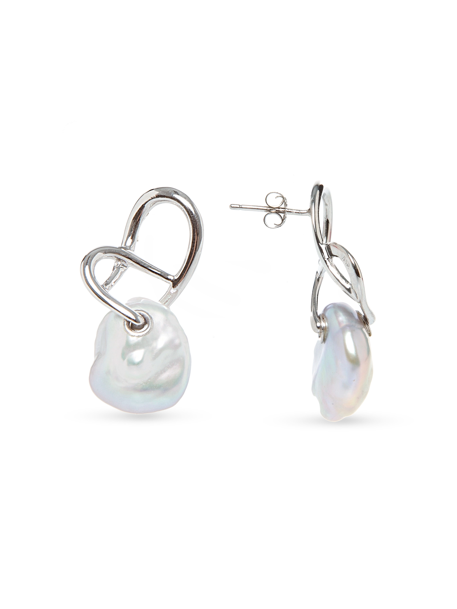 Curvella Earring - mixed-size white baroque freshwater pearl earrings in sterling silver by Nishi Pearls, studio view
