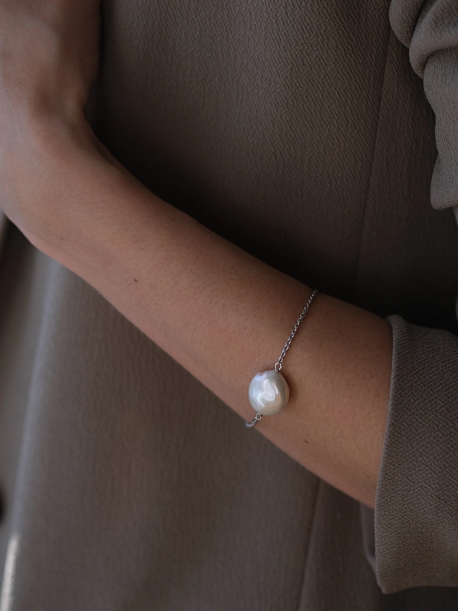 Daisy Bracelet - 14-15mm white baroque freshwater pearls in sterling silver, adjustable by Nishi Pearls, alternate angle