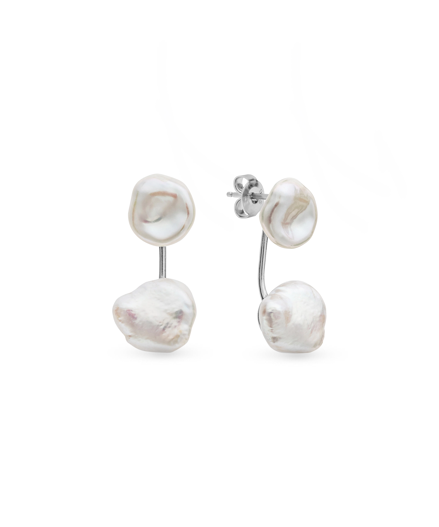 Daphne Jacket Earring - mixed-size white baroque freshwater pearl earrings in sterling silver by Nishi Pearls, studio view