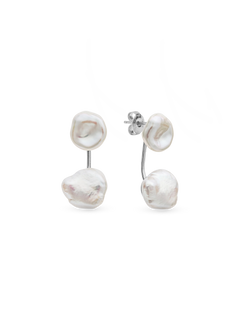 Daphne Jacket Earring - mixed-size white baroque freshwater pearl earrings in sterling silver by Nishi Pearls, studio view