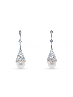 Deco Lux Earring - 8-9mm white round freshwater pearl earrings in sterling silver with white topaz by Nishi Pearls