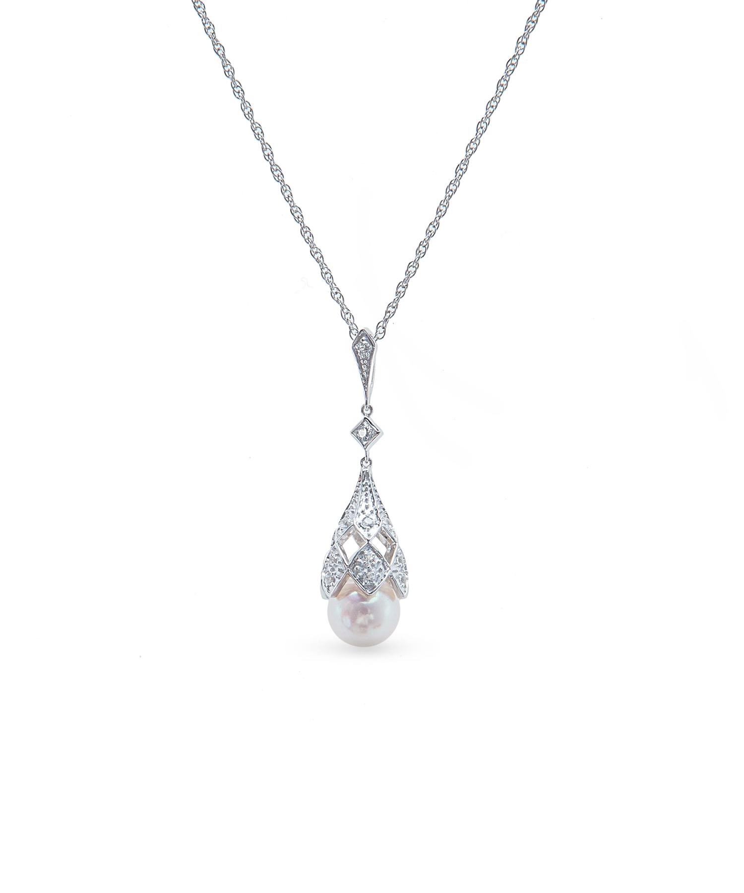 Deco Lux Necklace - 8-9mm white freshwater pearls in sterling silver with white topaz, 16.5-18in by Nishi Pearls, studio view