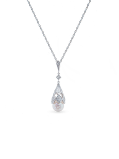 Deco Lux Necklace - 8-9mm white freshwater pearls in sterling silver with white topaz, 16.5-18in by Nishi Pearls, studio view