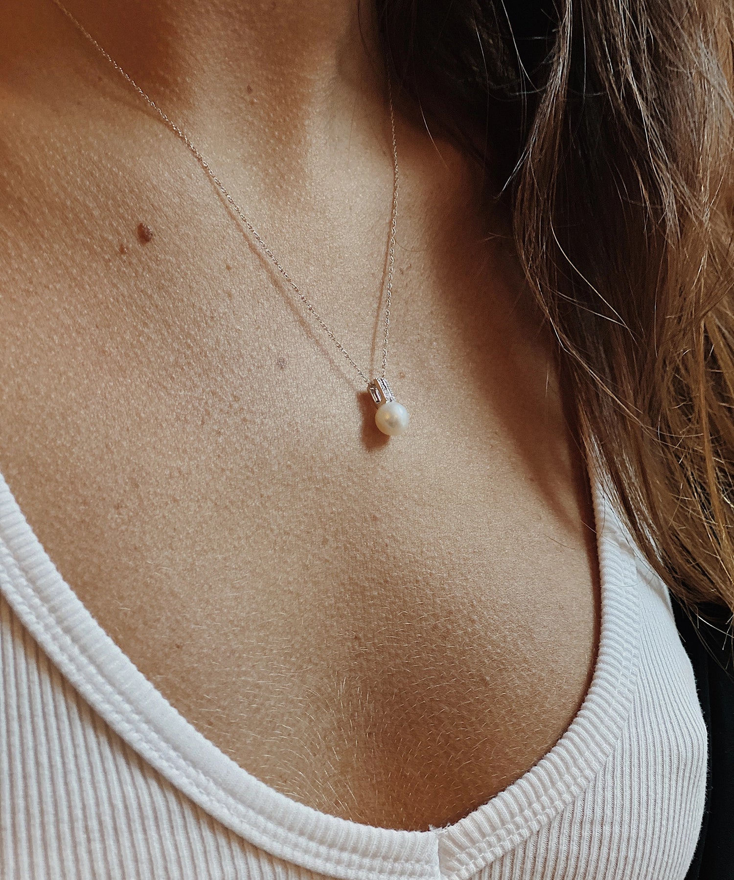 Diamond Mini Bar Necklace - 7-8mm white freshwater pearls in 10kt white gold, 18in by Nishi Pearls, worn on a model
