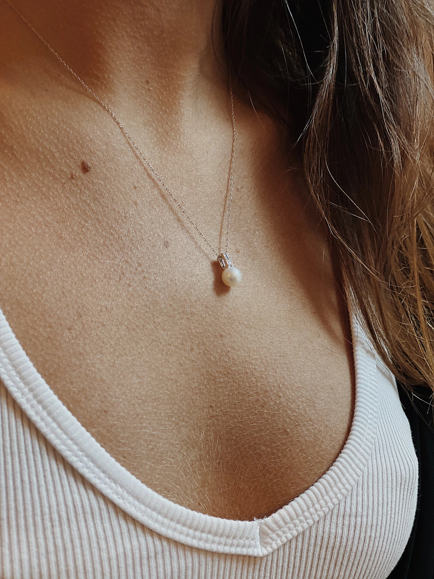 Diamond Mini Bar Necklace - 7-8mm white freshwater pearls in 10kt white gold, 18in by Nishi Pearls, worn on a model
