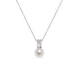 Diamond Mini Bar Necklace - 7-8mm white freshwater pearls in 10kt white gold, 18in by Nishi Pearls, studio view