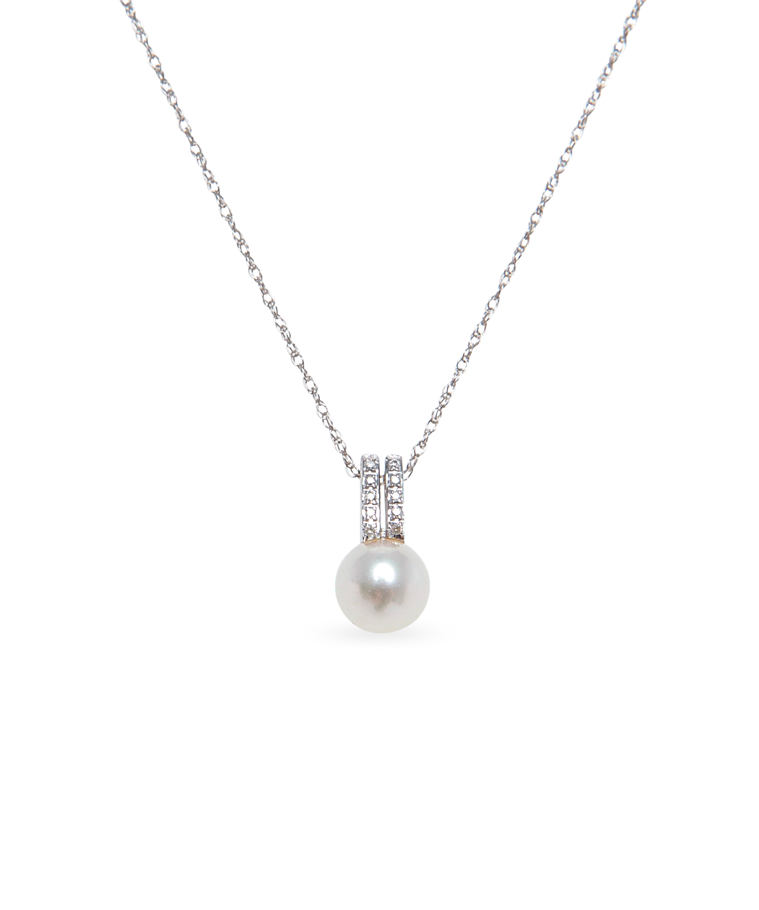 Diamond Mini Bar Necklace - 7-8mm white freshwater pearls in 10kt white gold, 18in by Nishi Pearls, studio view