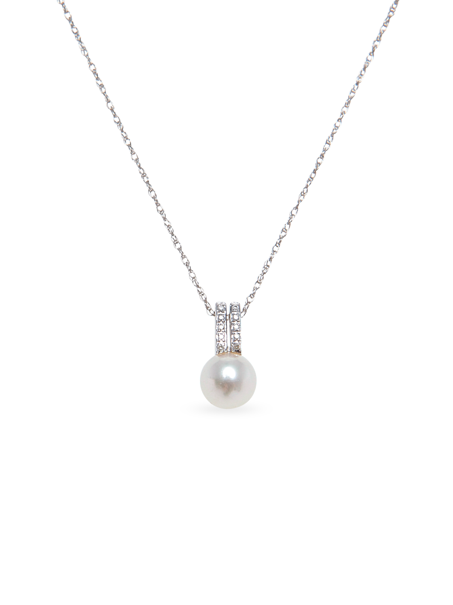 Diamond Mini Bar Necklace - 7-8mm white freshwater pearls in 10kt white gold, 18in by Nishi Pearls, studio view