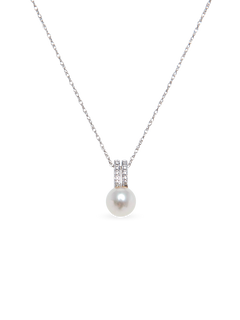Diamond Mini Bar Necklace - 7-8mm white freshwater pearls in 10kt white gold, 18in by Nishi Pearls, studio view