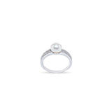 Diamond Mini Bar Ring - 7-8mm white freshwater pearl ring in 10kt white gold by Nishi Pearls, studio view, alternate angle
