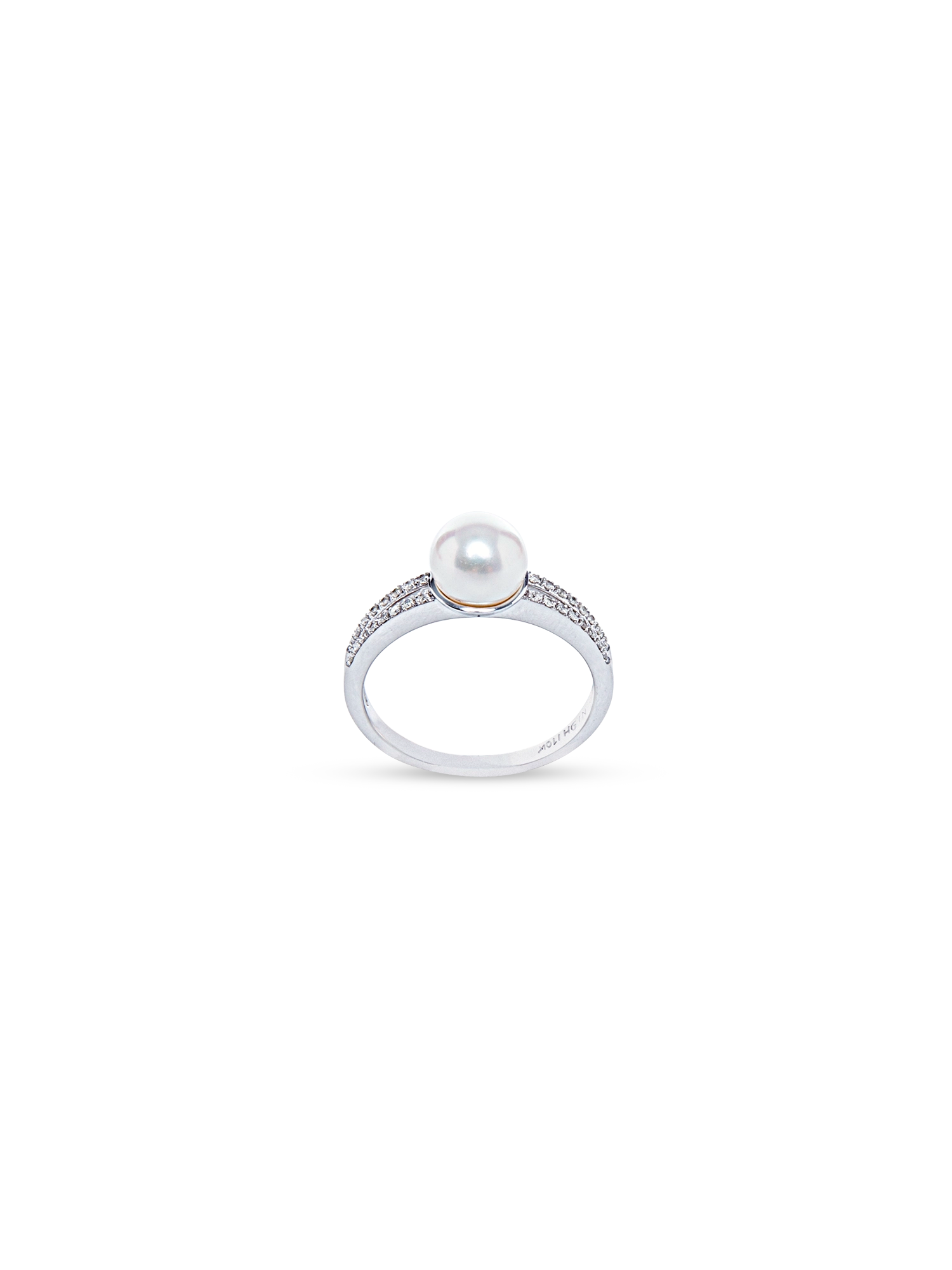 Diamond Mini Bar Ring - 7-8mm white freshwater pearl ring in 10kt white gold by Nishi Pearls, studio view, alternate angle