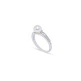 Diamond Mini Bar Ring - 7-8mm white round freshwater pearl ring in 10kt white gold by Nishi Pearls, studio view