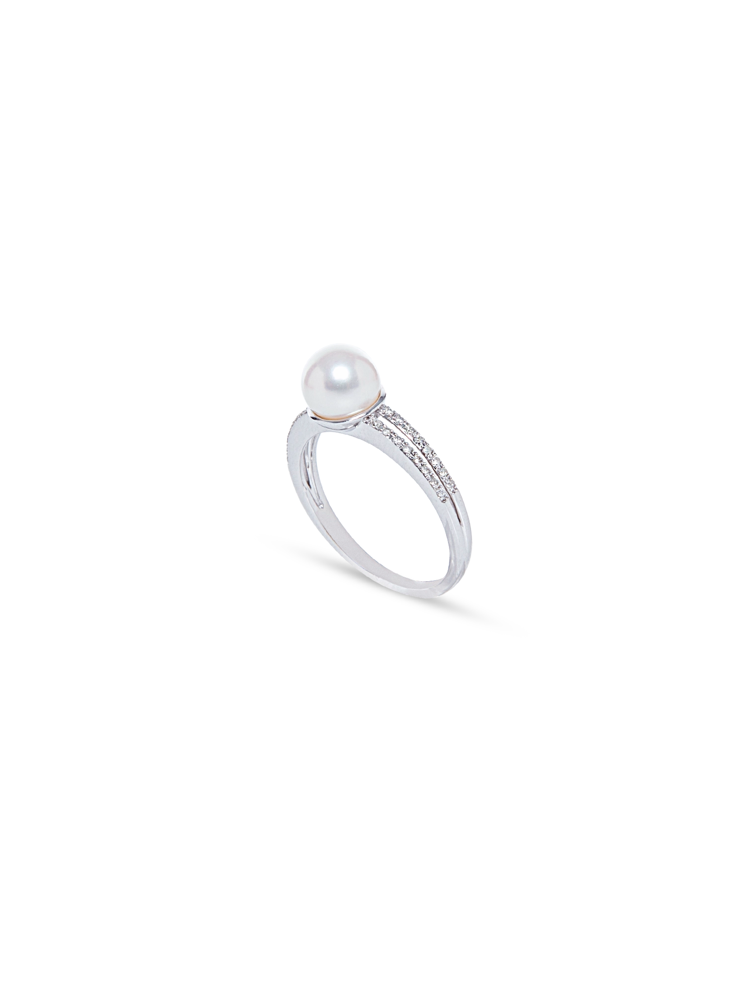 Diamond Mini Bar Ring - 7-8mm white round freshwater pearl ring in 10kt white gold by Nishi Pearls, studio view