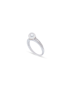 Diamond Mini Bar Ring - 7-8mm white round freshwater pearl ring in 10kt white gold by Nishi Pearls, studio view
