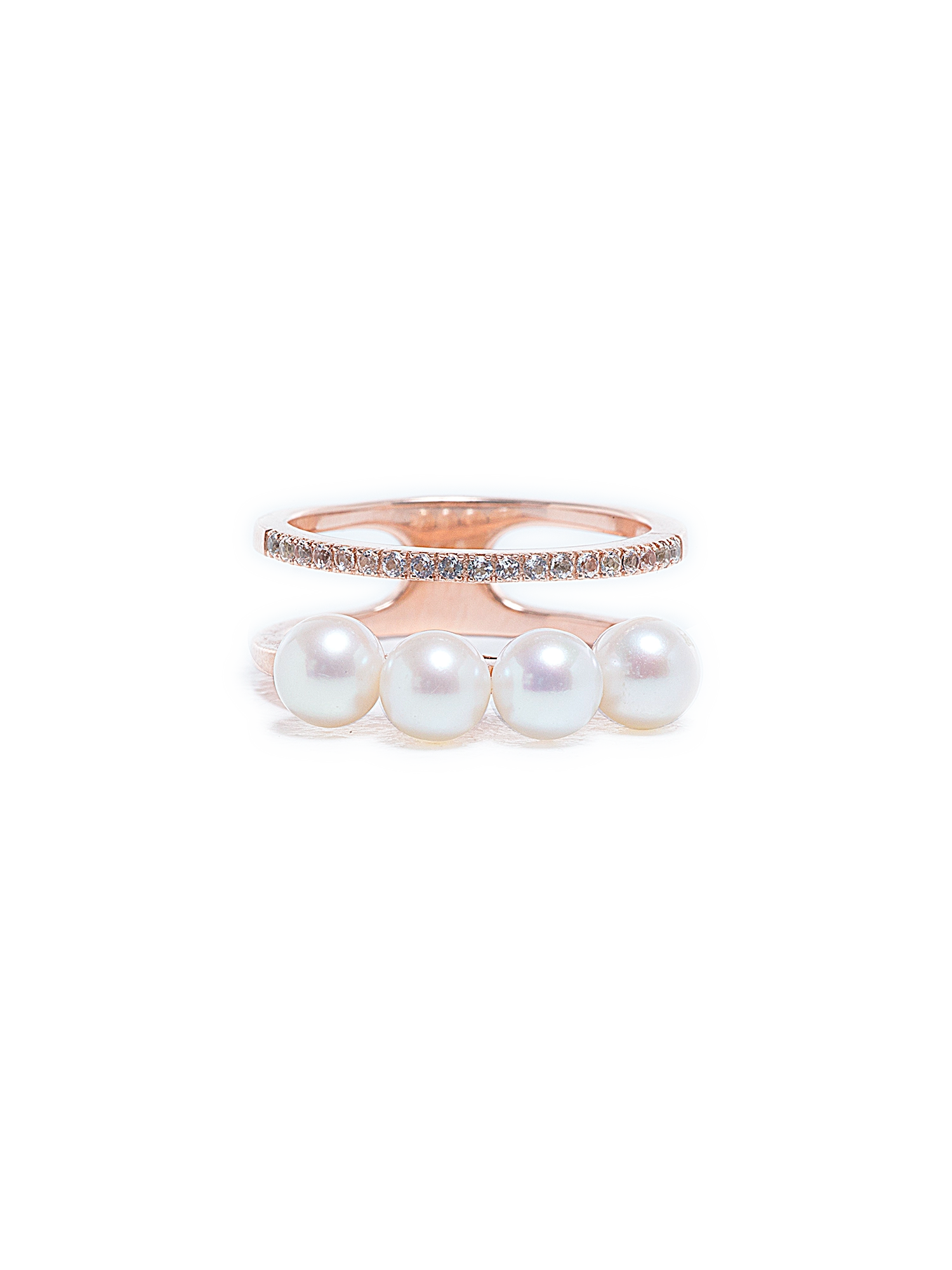 Double Band Ring - freshwater pearl ring in rose gold vermeil with white topaz by Nishi Pearls, studio view