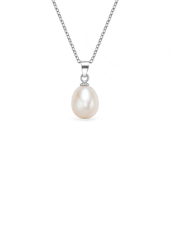 Drop Pearl Necklace - 9-10mm white freshwater pearl necklace in sterling silver, 18in by Nishi Pearls, studio view