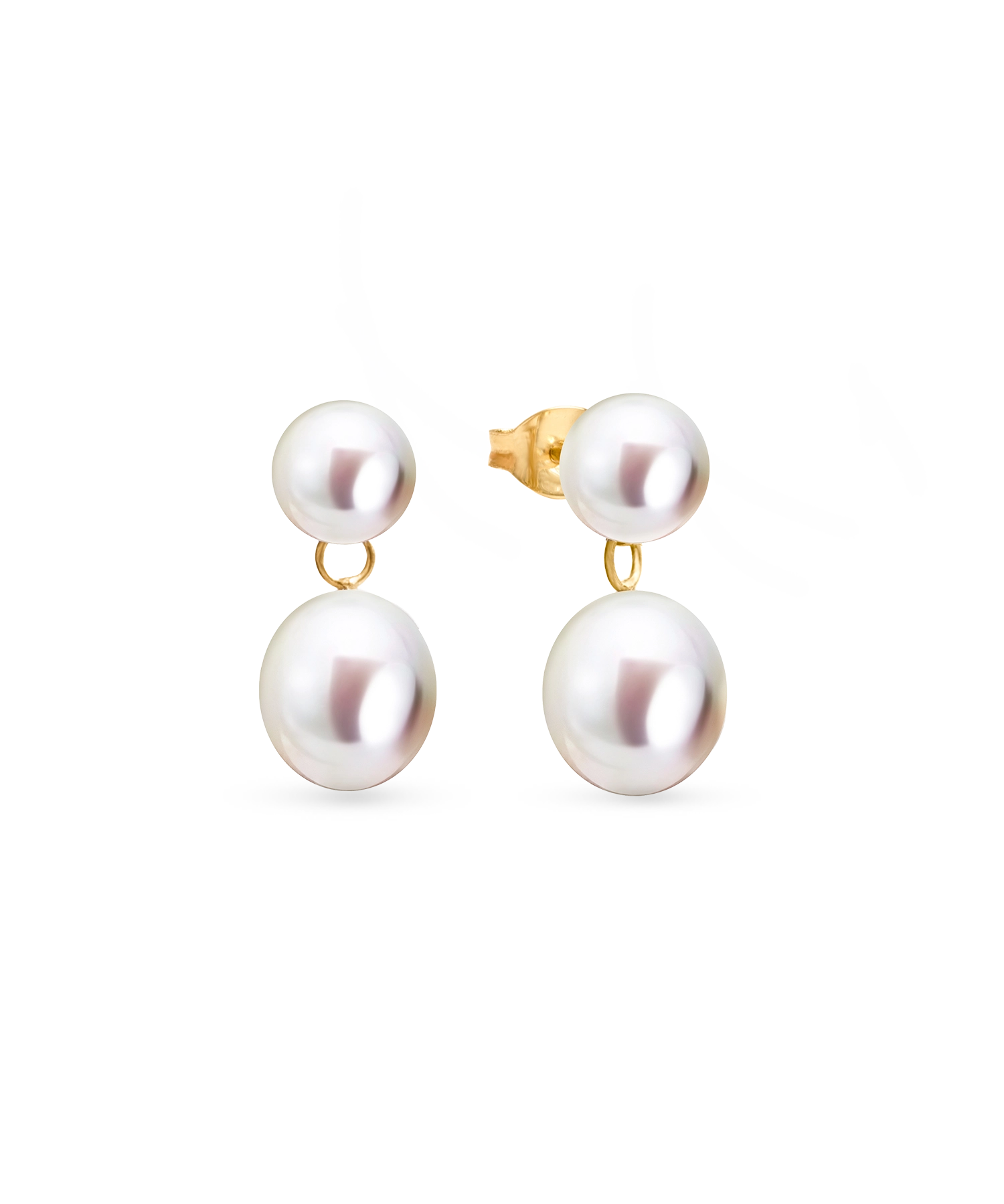 Drop Studs - mixed-size white freshwater pearl earrings in 14kt yellow gold by Nishi Pearls, studio view