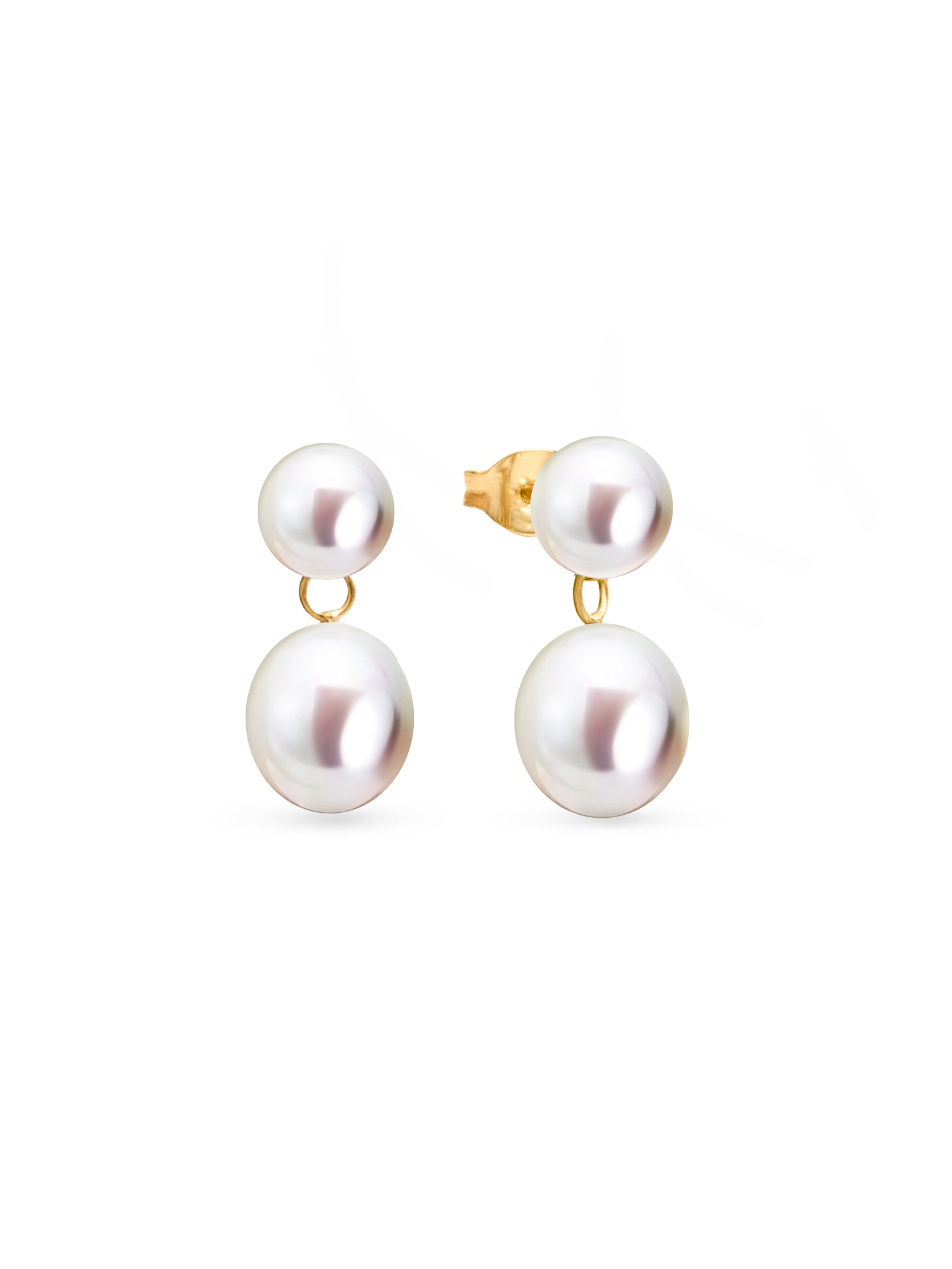 Drop Studs - mixed-size white freshwater pearl earrings in 14kt yellow gold by Nishi Pearls, studio view