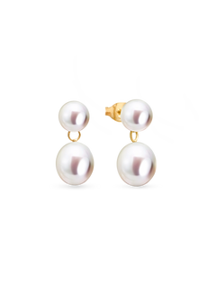 Drop Studs - mixed-size white freshwater pearl earrings in 14kt yellow gold by Nishi Pearls, studio view