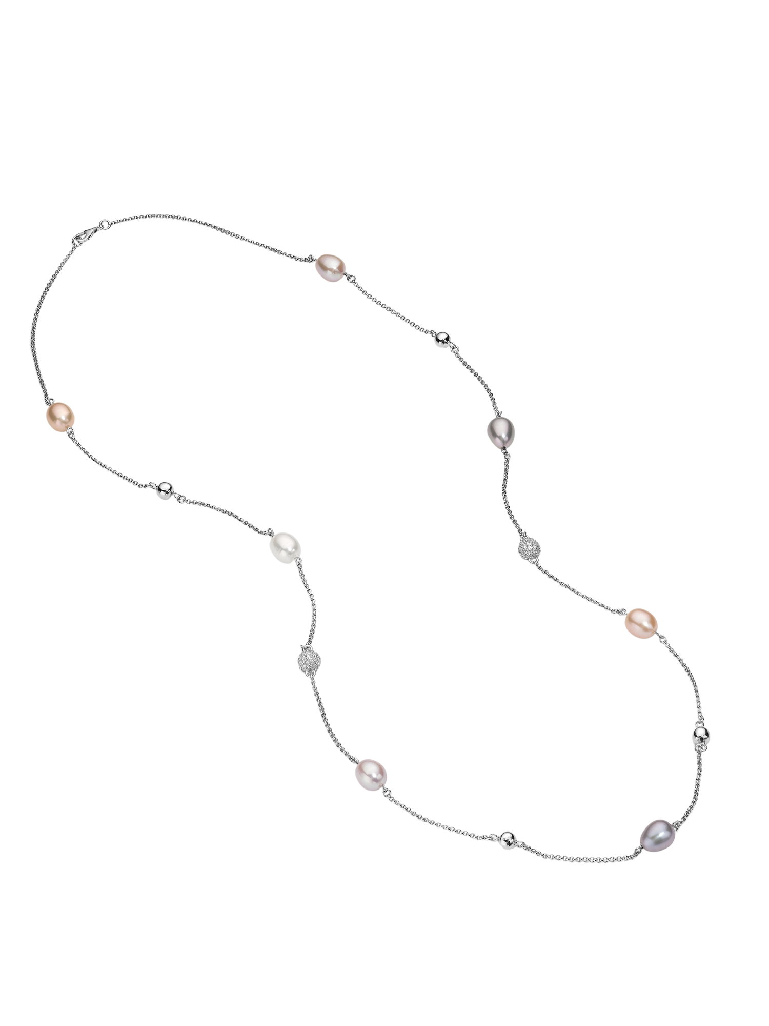 Eclat Necklace - 9-10mm multicolor freshwater pearl necklace in sterling silver by Nishi Pearls, studio view, alternate angle