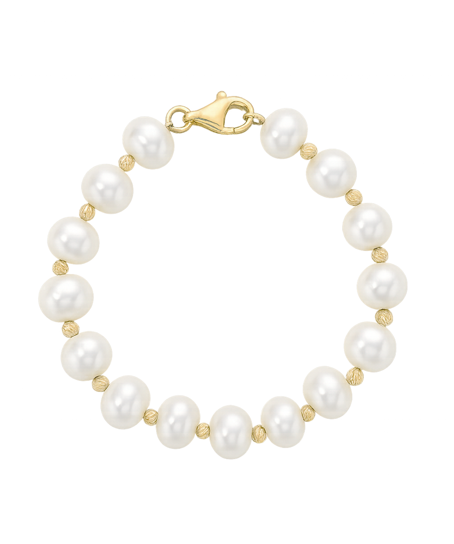Gold Bead Bracelet - 9-10mm white freshwater pearl bracelet in yellow gold plated silver, 7.25in by Nishi Pearls, studio view