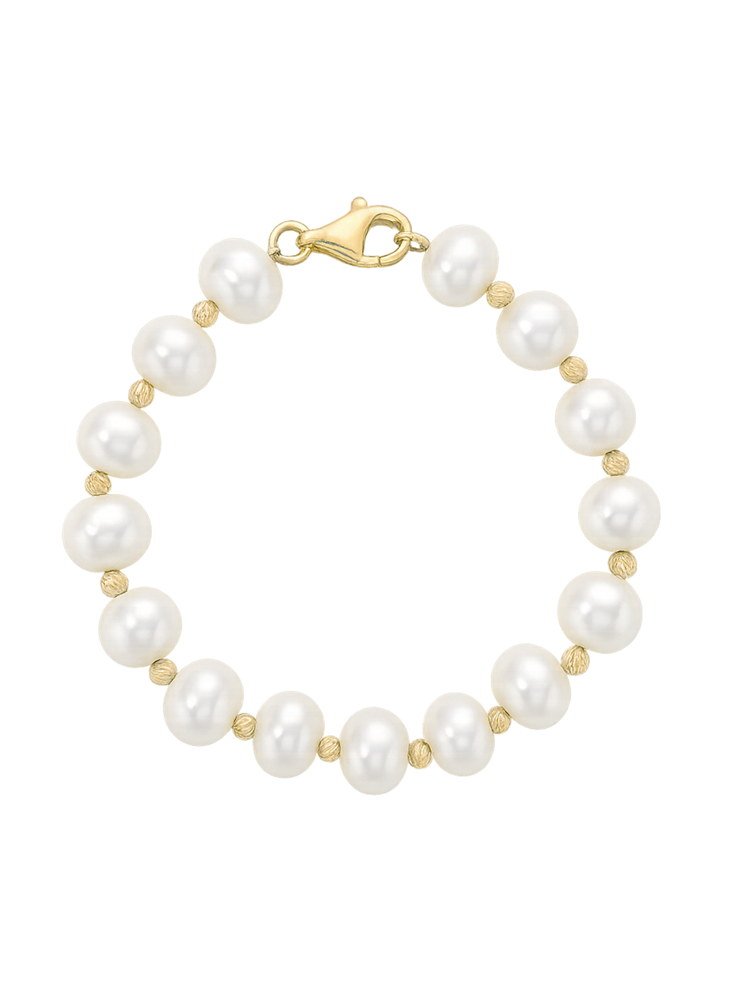 Gold Bead Bracelet - 9-10mm white freshwater pearl bracelet in yellow gold plated silver, 7.25in by Nishi Pearls, studio view