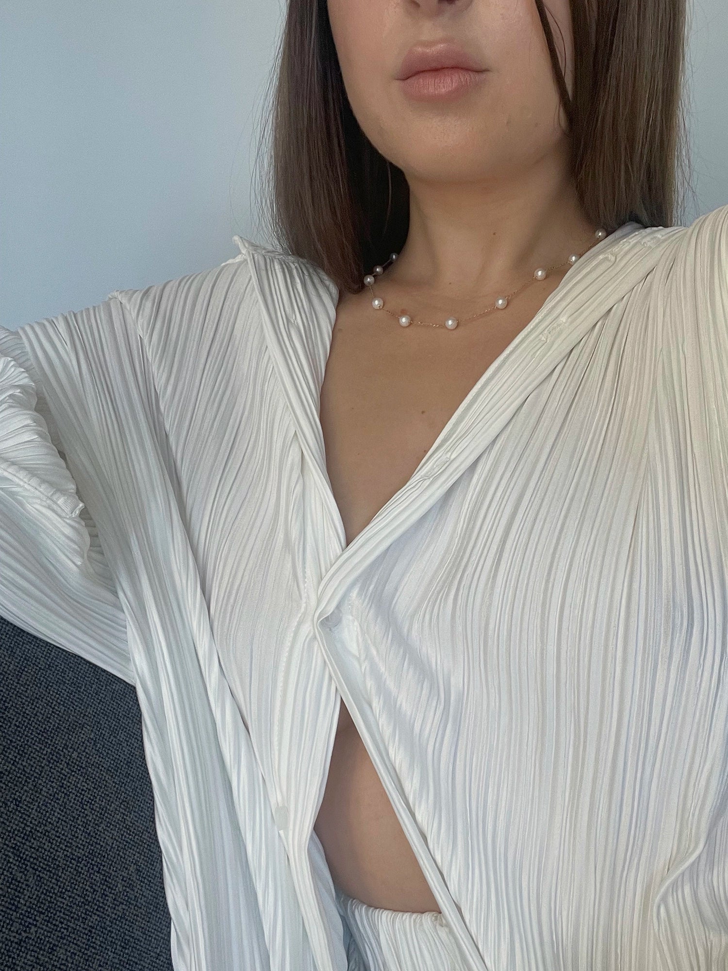 Gold Path Necklace - 6-7mm white freshwater pearls in 14kt yellow gold, 17.5-18in by Nishi Pearls, worn on a model