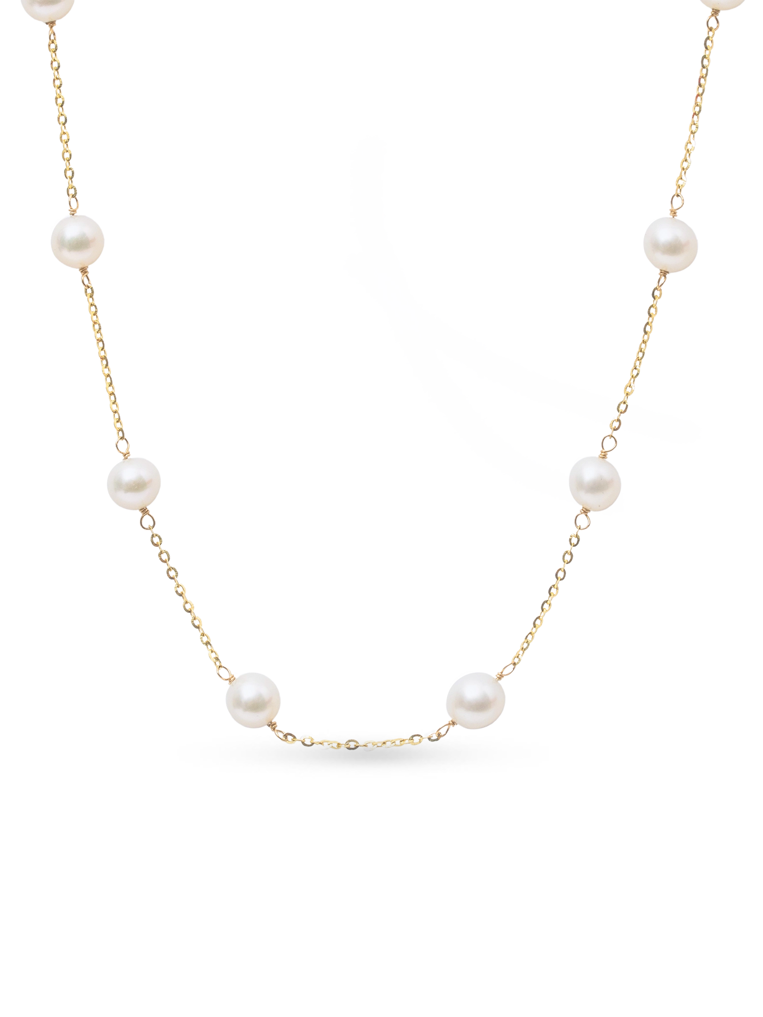 Gold Path Necklace - 6-7mm white freshwater pearls in 14kt yellow gold, 17.5-18in by Nishi Pearls, studio view