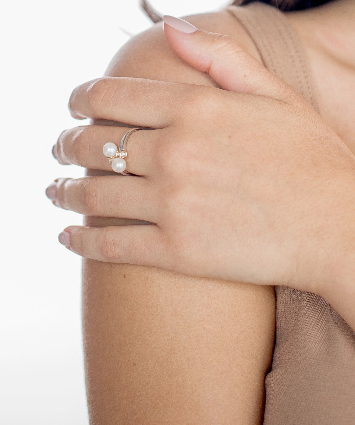 Gold Wrap Ring - 6-7mm white freshwater pearl in sterling silver & 14kt yellow gold with diamonds by Nishi Pearls, on a model